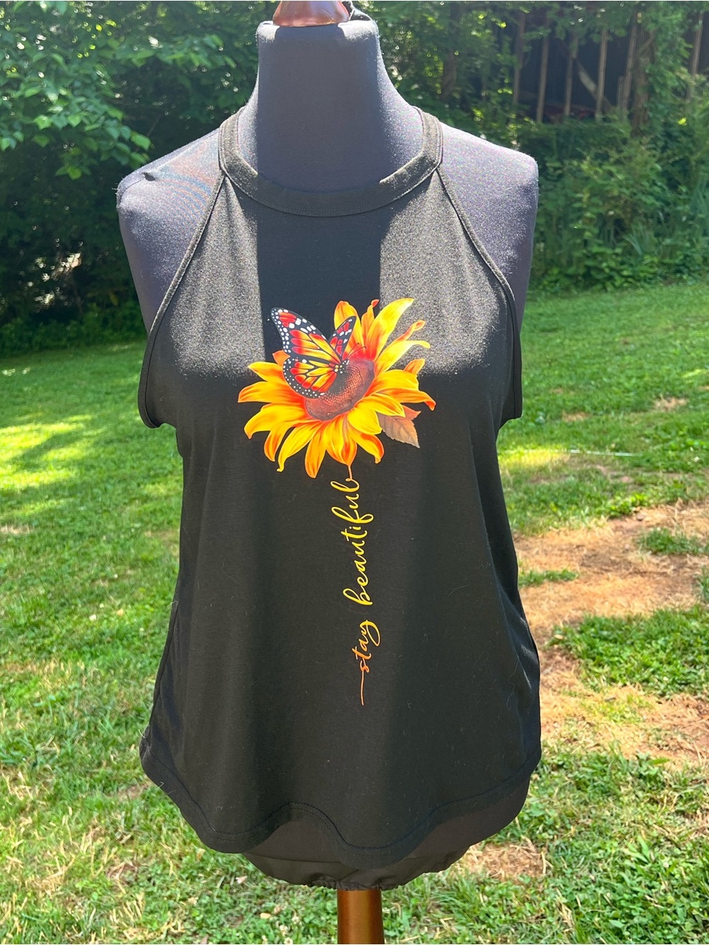 SHEIN Black Halter Tank with Sunflower & Butterfly Graphic